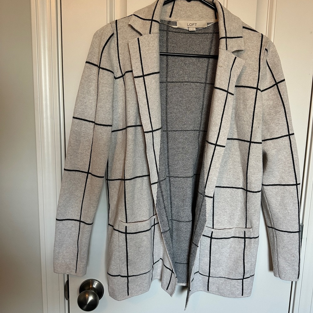 LOFT Women's Gray/Beige Checkered Sweater Jacket